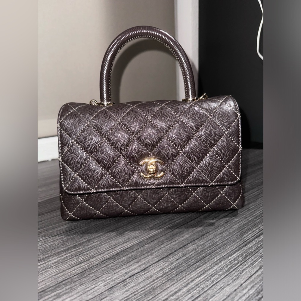 Chanel quilted caviar small coco handle dark brown with alligator handle